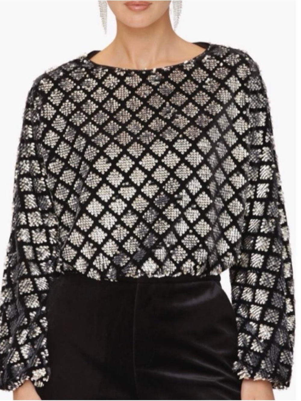 Avec Les Filles Black Top with Silver Sequin Diamond Grid
